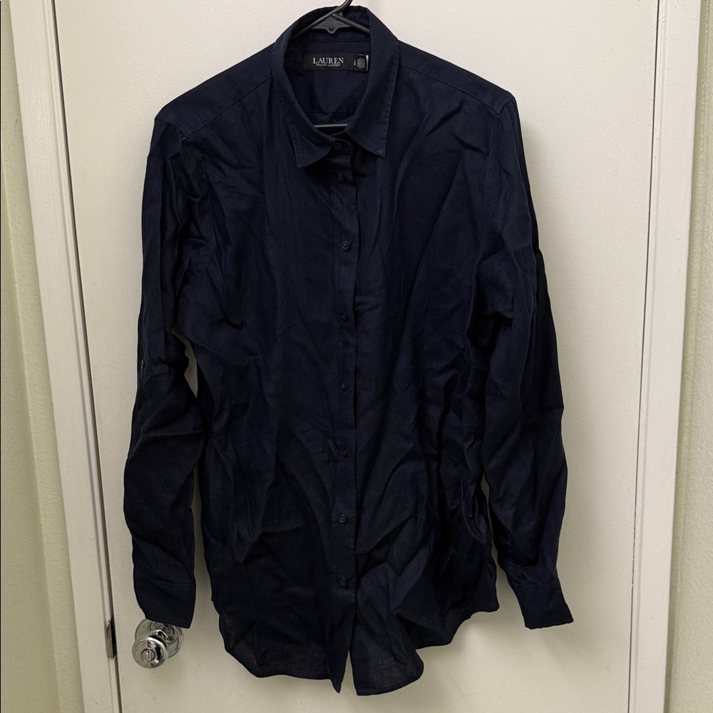 Lauren by Ralph Lauren 100% Linen Navy Long-Sleeve Button-Up Size Large